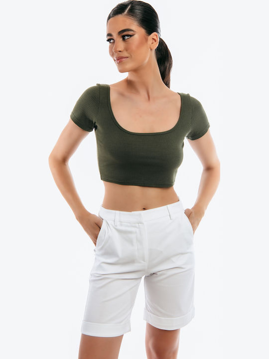 Damen Crop Top Kurzarm Haki