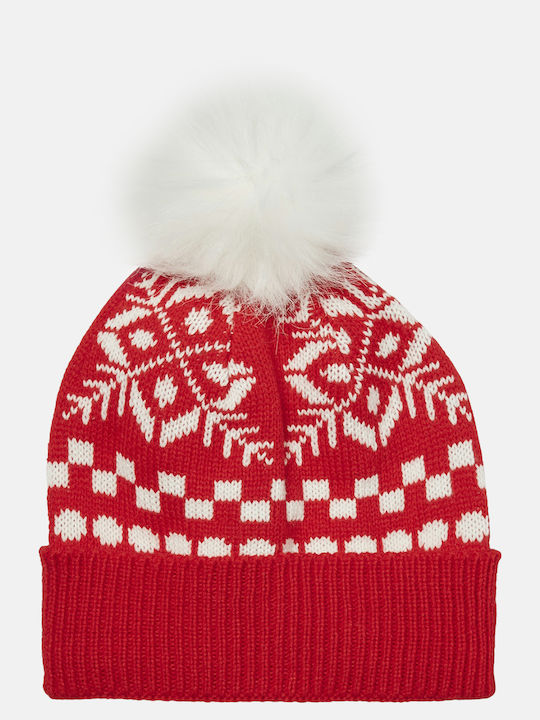 Pom Pom Beanie Beanie with Rib Knit Chinese Red