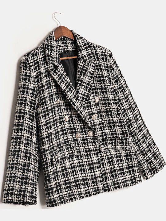 Black Plaid Blazer with Silver Buttons
