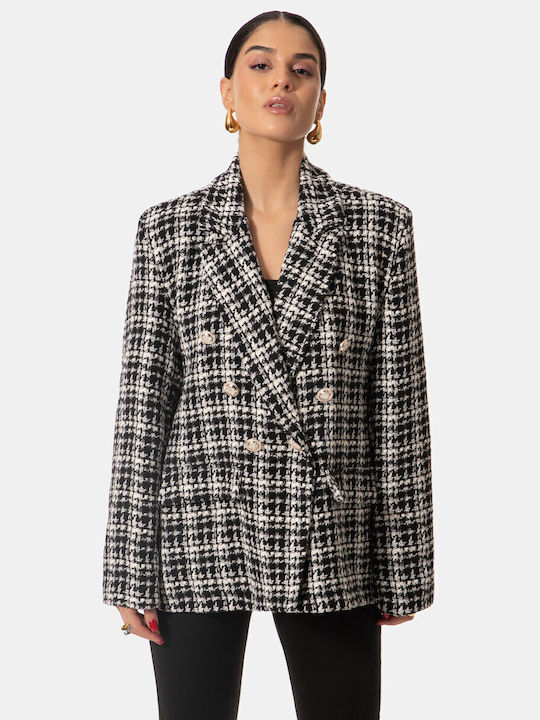 Black Plaid Blazer with Silver Buttons
