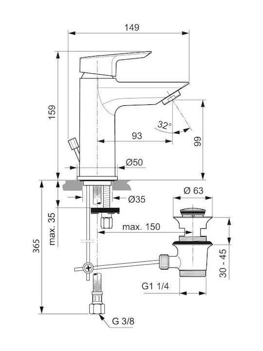 Ideal Standard Tesi Αναμεικτική Μπαταρία Νιπτήρα Ασημί