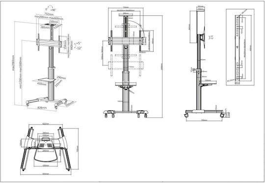 Manhattan Aluminum Height-Adjustable Multimedia Βάση Τηλεόρασης Δαπέδου έως 70" και 50kg