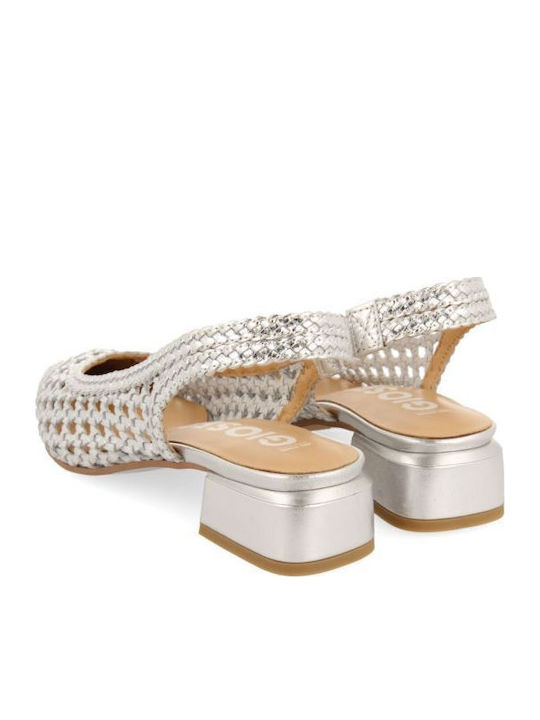 Leder Pumps mit Riemchen & Chunky flacher Absatz Silber
