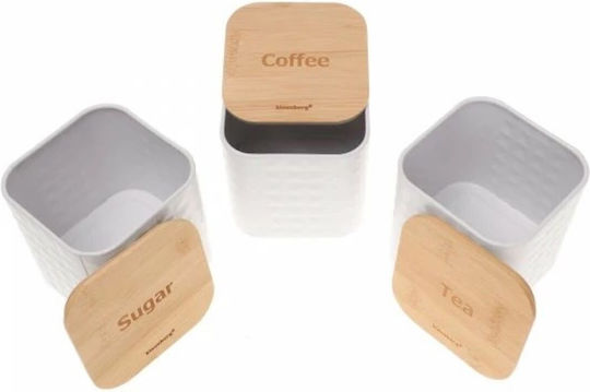 Klausberg Set of 3 Jars for Sugar Coffee Tea with Wooden White Lid 11.5x11.5x12.3cm 3 Pieces