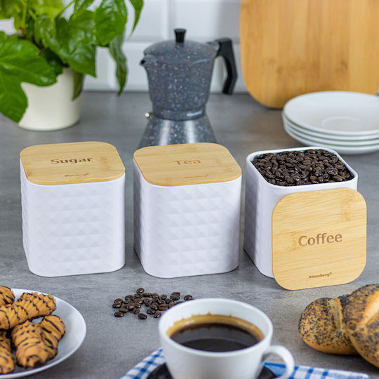Klausberg Set of 3 Jars for Sugar Coffee Tea with Wooden White Lid 11.5x11.5x12.3cm 3 Pieces