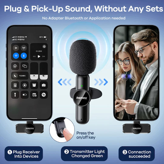 Remax Κ10 Live-Stream One-to-Two Type-C Seturi Wireless Condensator (Diafragmă Mică) Microfon Πέτου, Clip On pentru Vocale