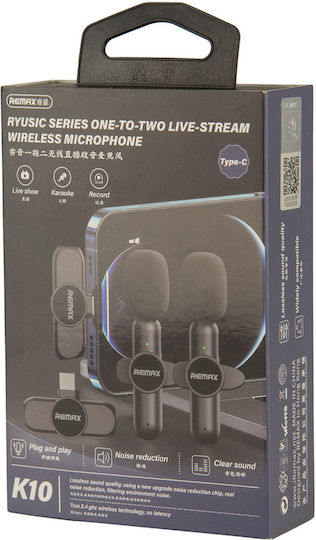 Remax Κ10 Live-Stream One-to-Two Type-C Seturi Wireless Condensator (Diafragmă Mică) Microfon Πέτου, Clip On pentru Vocale