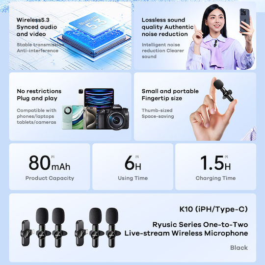 Remax Κ10 Live-Stream One-to-Two Type-C Seturi Wireless Condensator (Diafragmă Mică) Microfon Πέτου, Clip On pentru Vocale