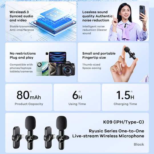 Remax Κ09 Live-Stream One-to-One Lightning Ασύρματο Μικρόφωνο Πέτου, Clip On Δημοσιογραφικό