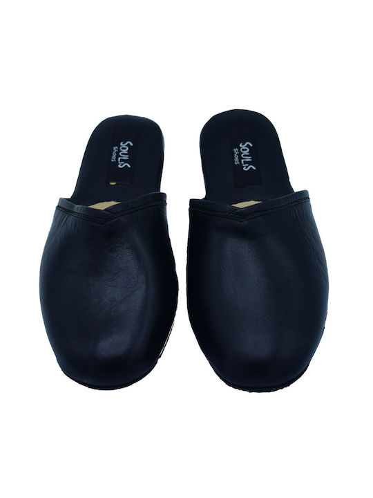 Leather women's handmade slippers by Soulis - Black