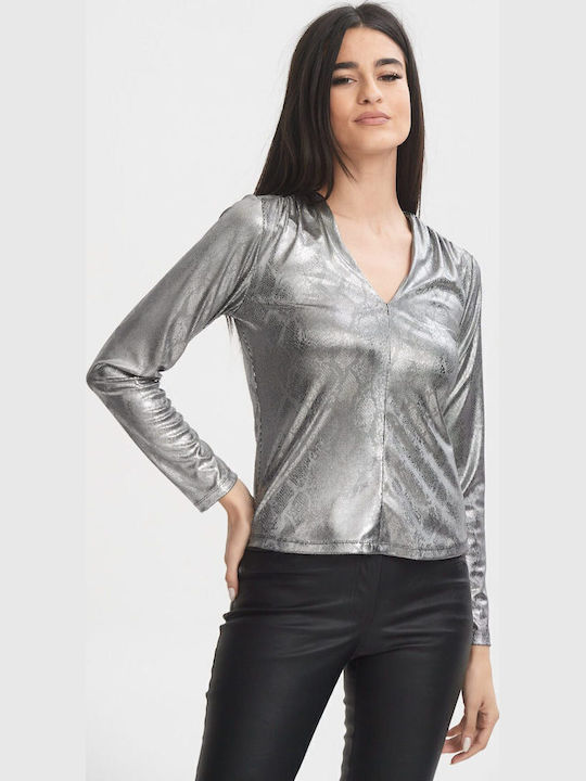 Women's Blouse with V Neckline Silver