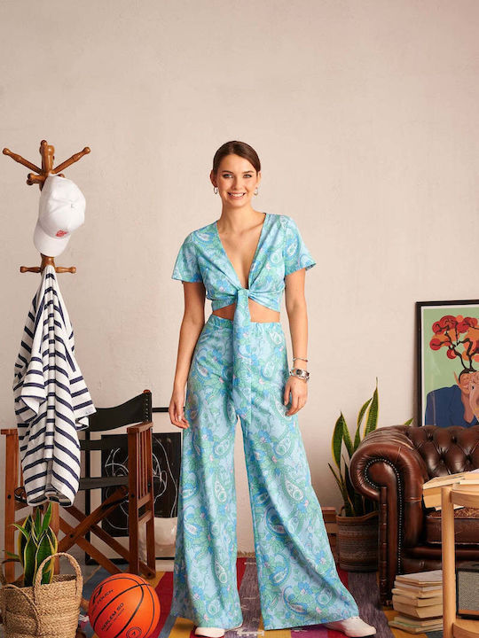 Hemithea Women's High-waisted Fabric Trousers with Elastic Floral Aqua
