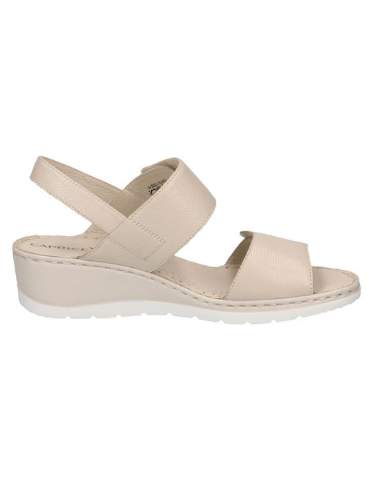 Caprice Leather Women's Flat Sandals Anatomic in Beige Color