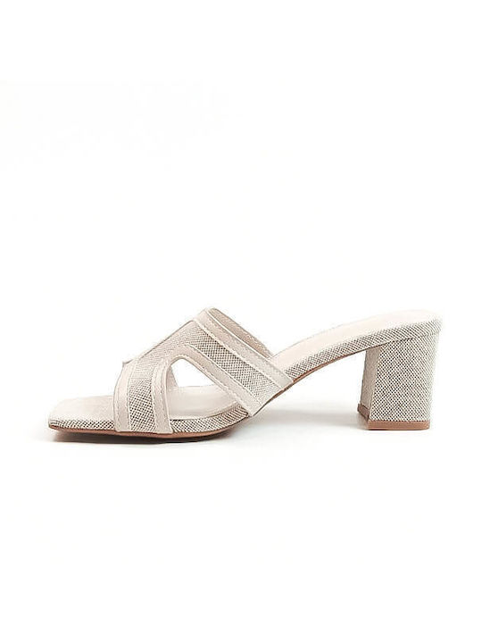 Queen Vivi Mules mit Chunky Niedrig Absatz in Beige Farbe