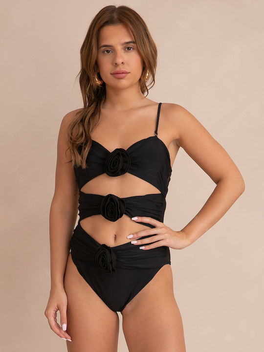 One-Piece Swimsuit with Appliqué Roses Black