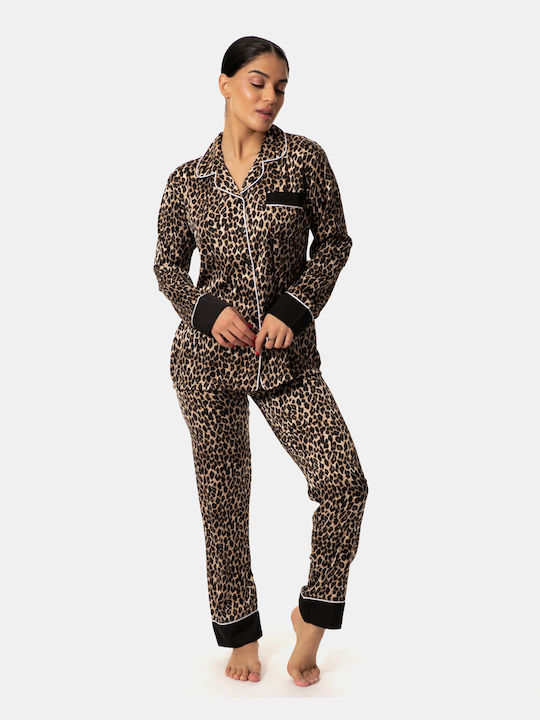 Set de pijama din satin cu imprimeu animalier maro