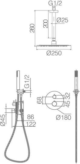 Imex Built-in Mixer, Hand Shower & Shower Head Set for Shower 2 Exits Black