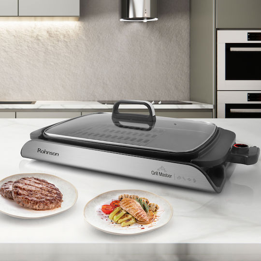 Rohnson Tabletop Electric Grill Grill and Smooth Plate 2000W with Lid and Adjustable Thermostat 40cmx30cmcm