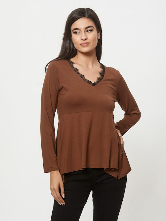 Dress Up Women's Blouse with V Neckline Coffee