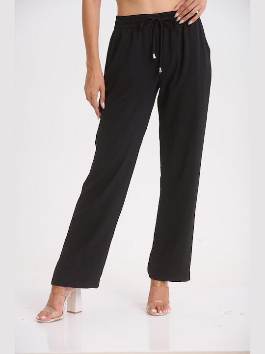 TZENI Damen Stoff Palazzo-Hose Schwarz