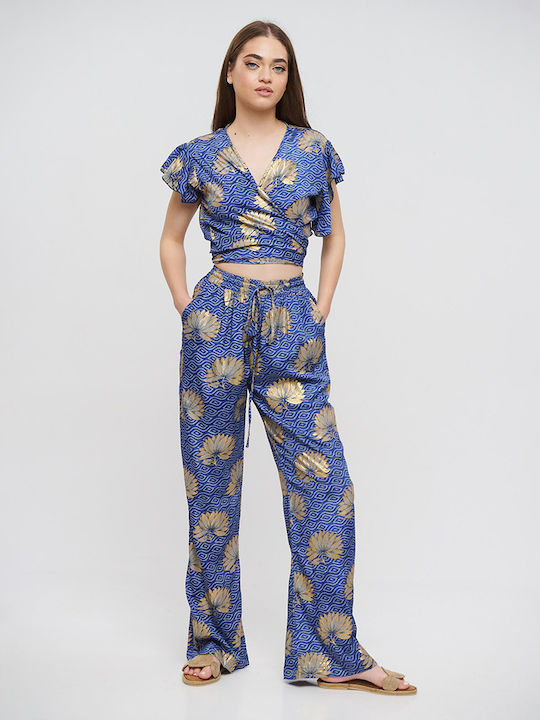 Ble Resort Collection Femei Crepe Pantaloni largi Floral Blue