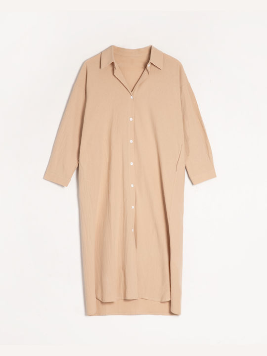 Hemd Kleid Midi Leinen Oversized Beige Beige