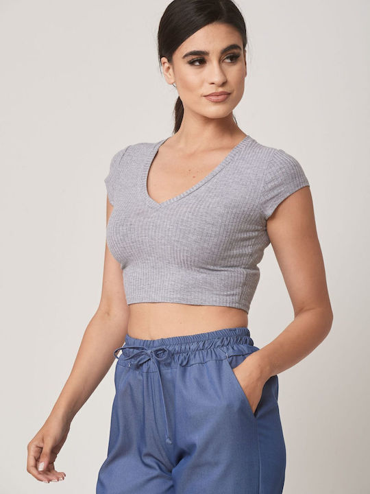 Women's Blouse Short Sleeve with V Neckline Gray