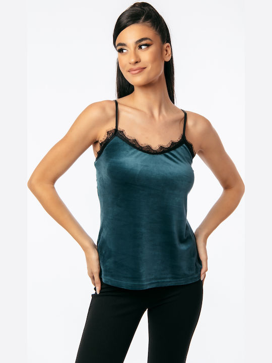 Damen Bluse Samt mit Spitze Blue Roulette
