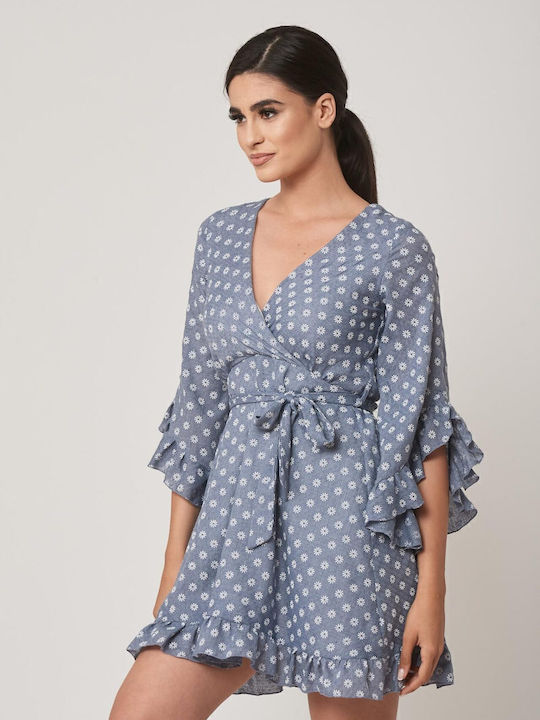 Rochie Mini Wrap-Around Cu Volane Albastră