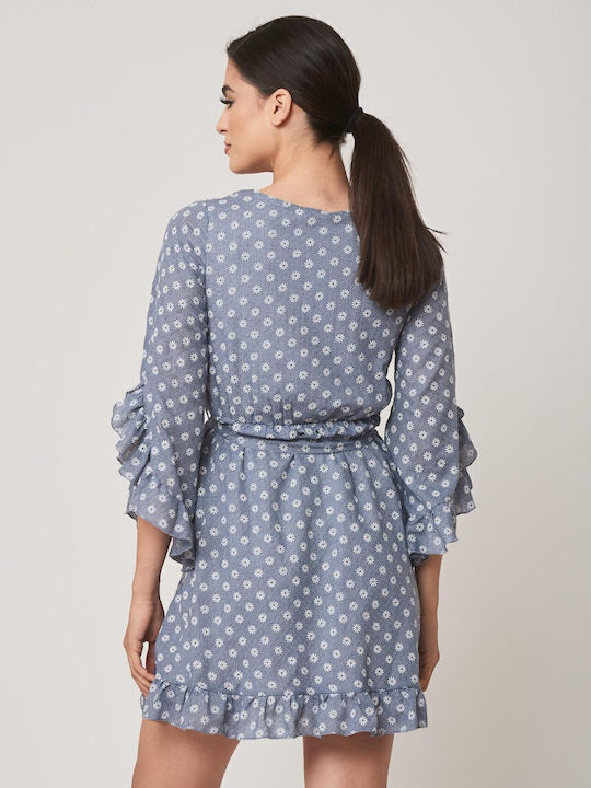 Rochie Mini Wrap-Around Cu Volane Albastră