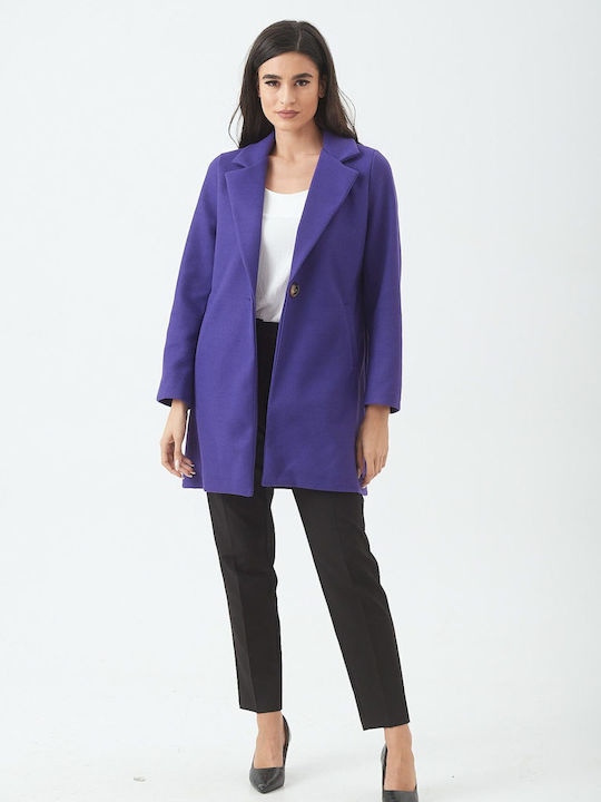 Ths-Fashion Women's Short Half Coat with Buttons Purple