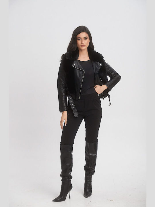 Boutique Women's Short Biker Artificial Leather Jacket for Winter BLACK