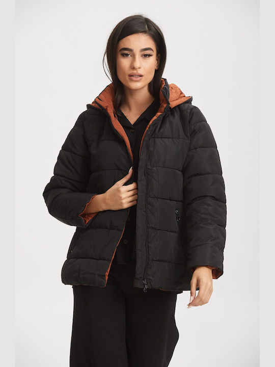 Boutique Women's Short Lifestyle Jacket Double Sided for Winter with Hood BLACK