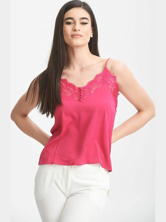 Women's Blouse Satin with Lace Fuchsia