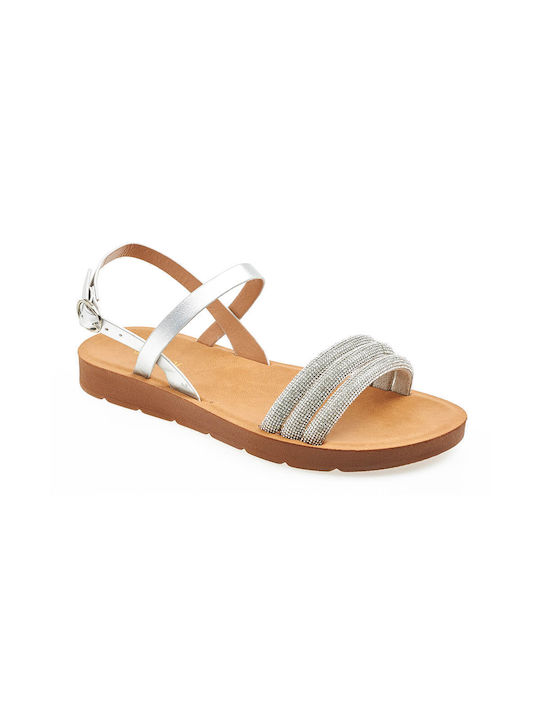 Verde Women's Flat Sandals with Strap in Silver Color