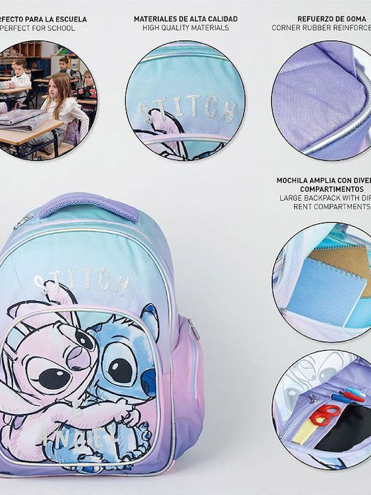 Cerda Disney Stitch School Bag Backpack Elementary, Elementary Lilac with Water Bottle Holder