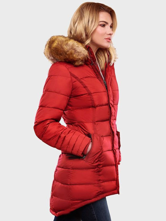 Navahoo Women's Long Lifestyle Leather Jacket for Winter with Hood RED NAV-PAPAYA-RED