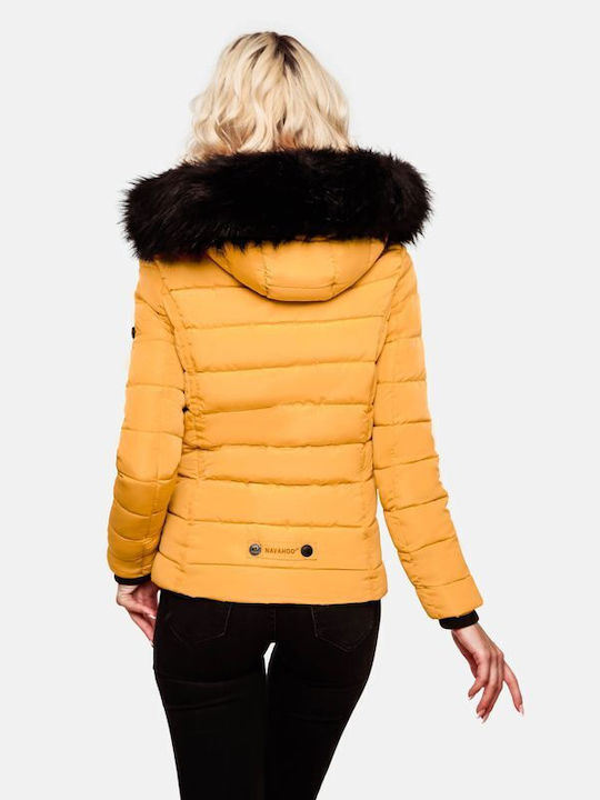 Navahoo Women's Short Puffer Leather Jacket for Winter with Hood Yellow