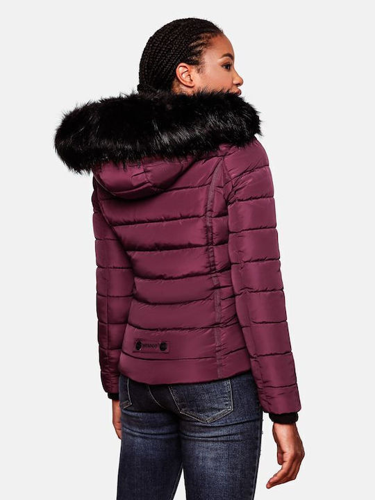 Navahoo Women's Short Puffer Leather Jacket for Winter with Hood Wine