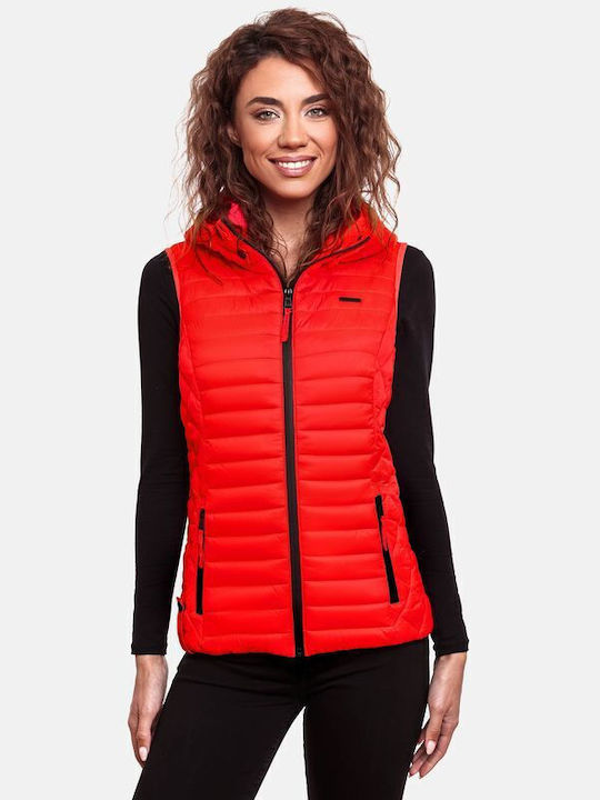 Marikoo Hasenpfote Women's Short Puffer Jacket for Spring or Autumn with Hood Neon Orange