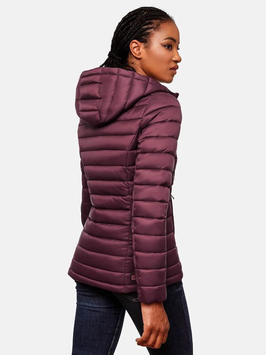 Marikoo Women's Short Puffer Leather Jacket for Spring or Autumn with Hood Wine