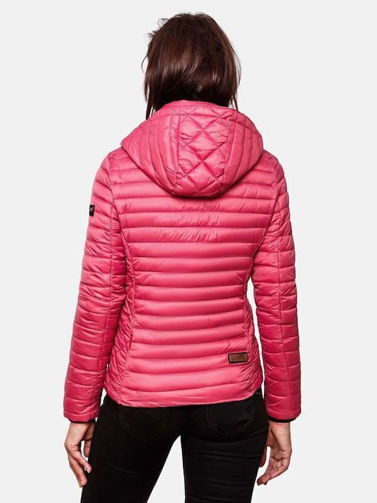 Marikoo Women's Short Lifestyle Leather Jacket for Spring or Autumn with Hood Raspberry
