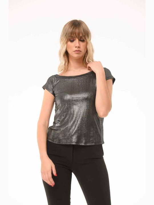 Boutique Damen Bluse Schulterfrei Kurzärmelig Silver