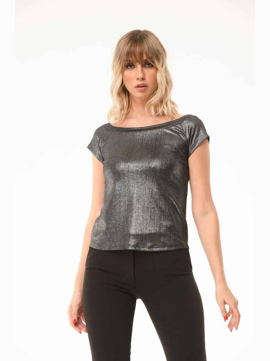 Γυναικεία Μπλούζα Off-Shoulder Κοντομάνικη Ασημι