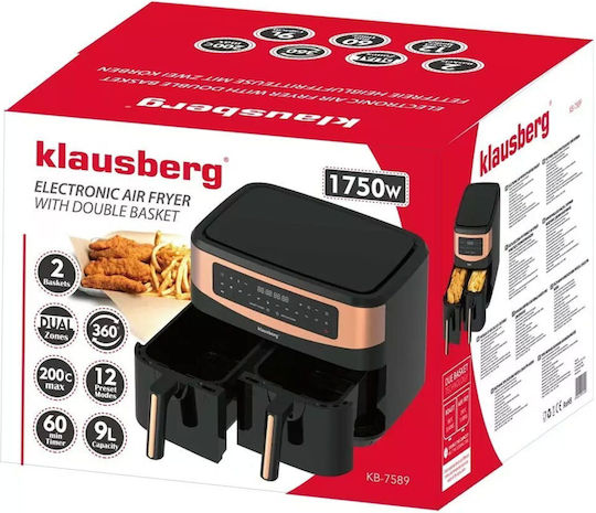 Klausberg Friteuză cu aer cu Coș Detașabil Dublu 9lt Negru KB-7589