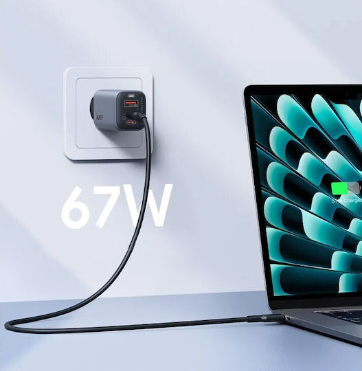 Aukey Charger Without Cable GaN with USB-A Port and 2 USB-C Ports 67W Power Delivery Gray (PA-B6U)