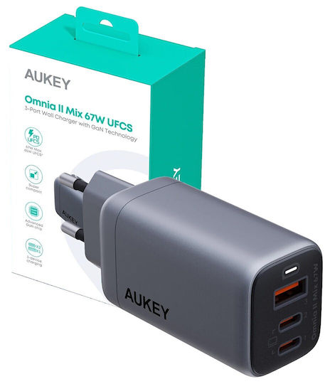Aukey Charger Without Cable GaN with USB-A Port and 2 USB-C Ports 67W Power Delivery Gray (PA-B6U)