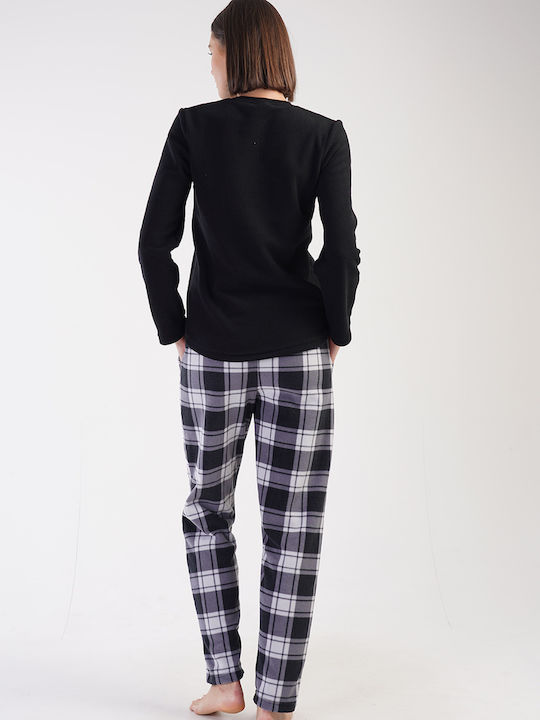 Vienetta Women's Winter Fleece Pyjamas "dream Big" Checkered Pants-305005a Black