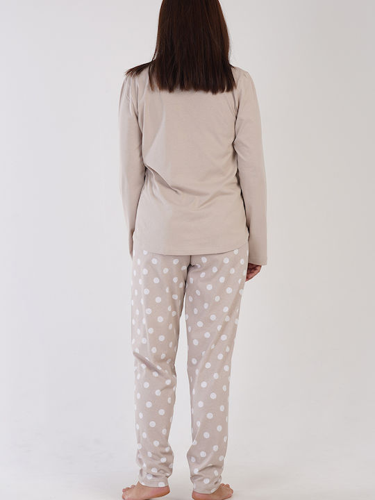 Vienetta Damen Winter Baumwolle Pyjama Hose mit Polka Dot Muster in Übergröße "1XL-4XL 303252 Beige"