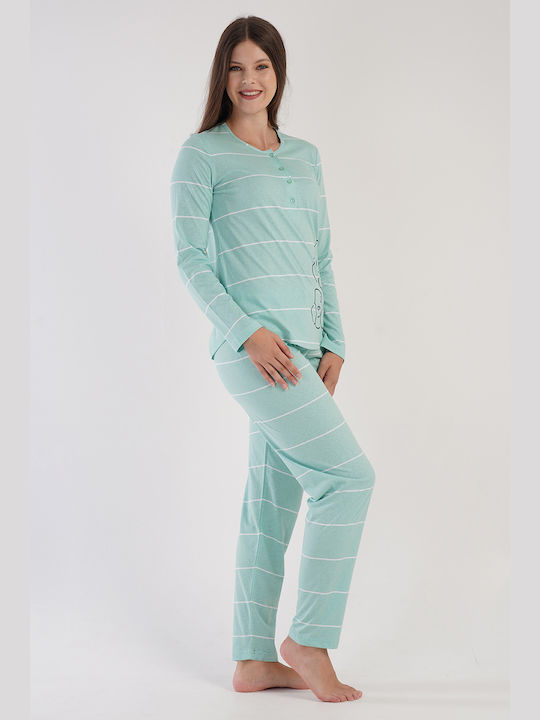 Vienetta Women's Winter Cotton Pyjamas with Lace-303120 Turquoise